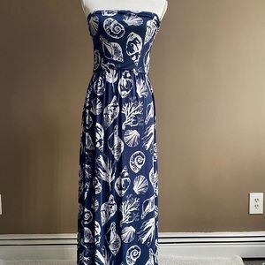 Venus - Strapless Navy and White Shell-Print Maxi Dress